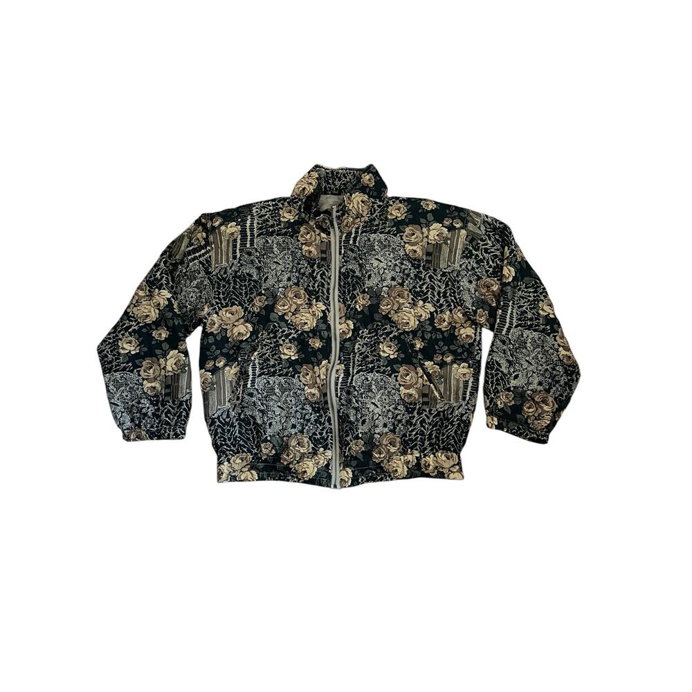 1990s VTG Stunt 100% Silk Floral Patterned Zip Up Lightweight Bomber Size Medium
